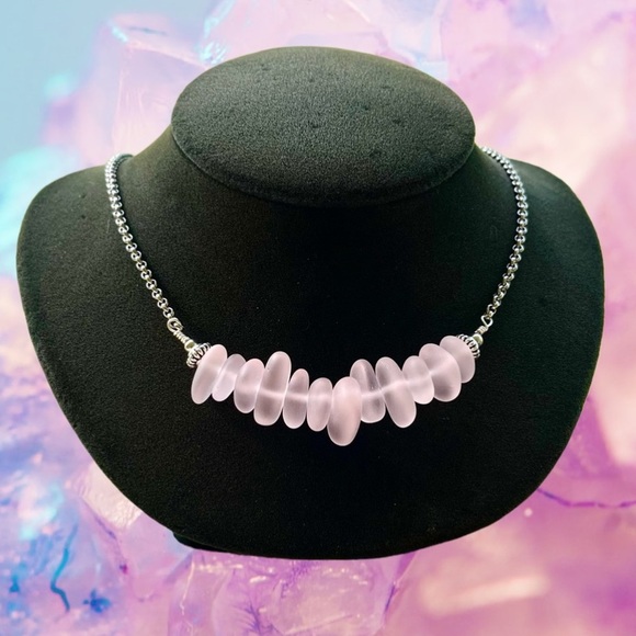 Frosted pink crystal quartz gemstones chips bar choker necklace boho stones - Picture 2 of 11